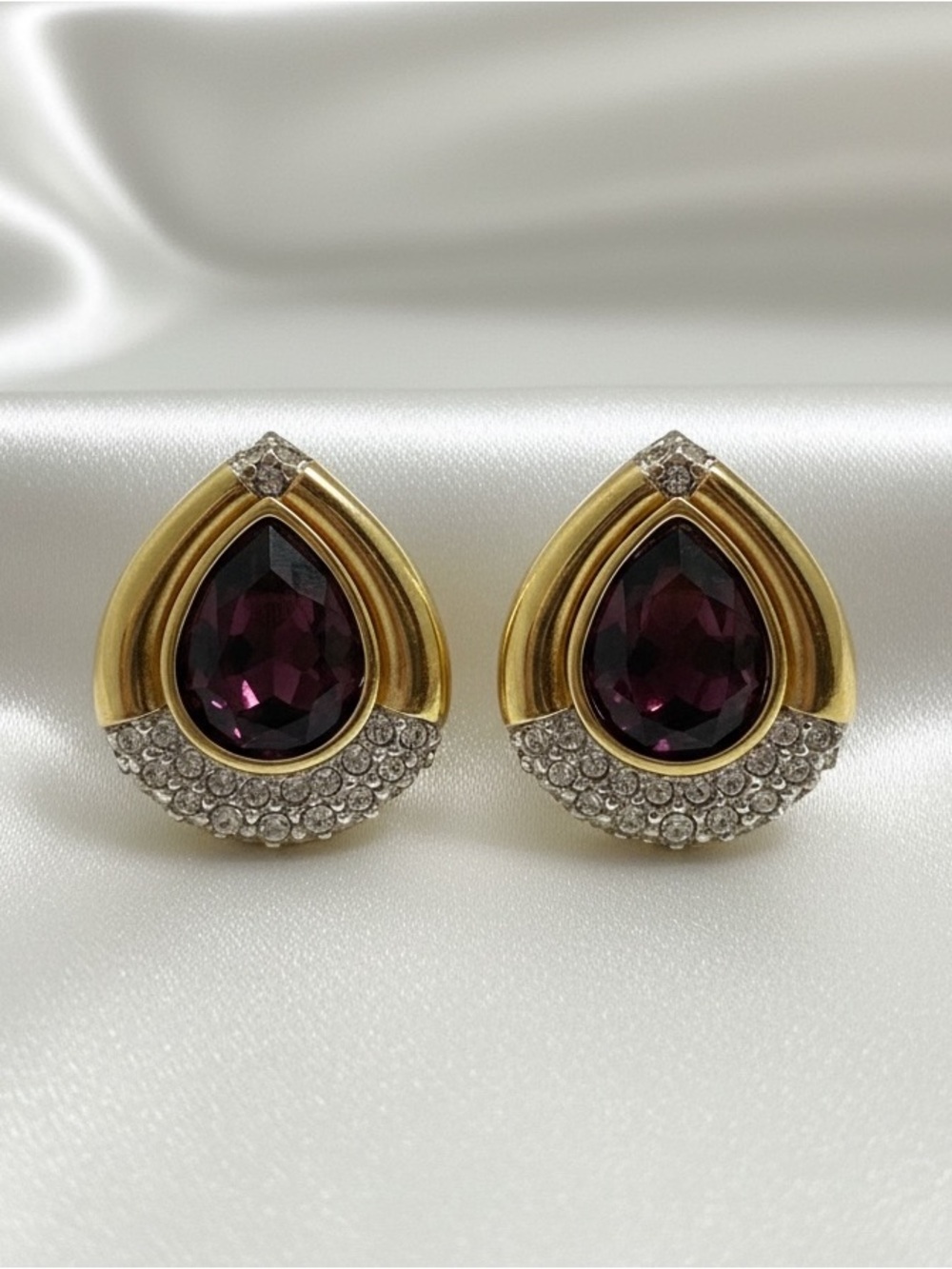 Vintage Swarovski Gold Teardrop Earrings with Deep Purple & Pavé Crystals
